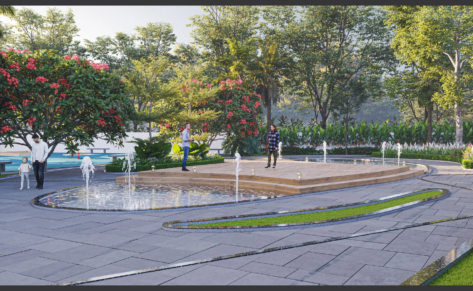 Landscaped water feature and community gathering area